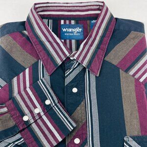 Wrangler Pearl Snap Shirt Mens 3X Big Black Burgundy Striped Long Sleeve Western